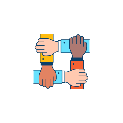 Four people's arms of different races holding each other in a grid.