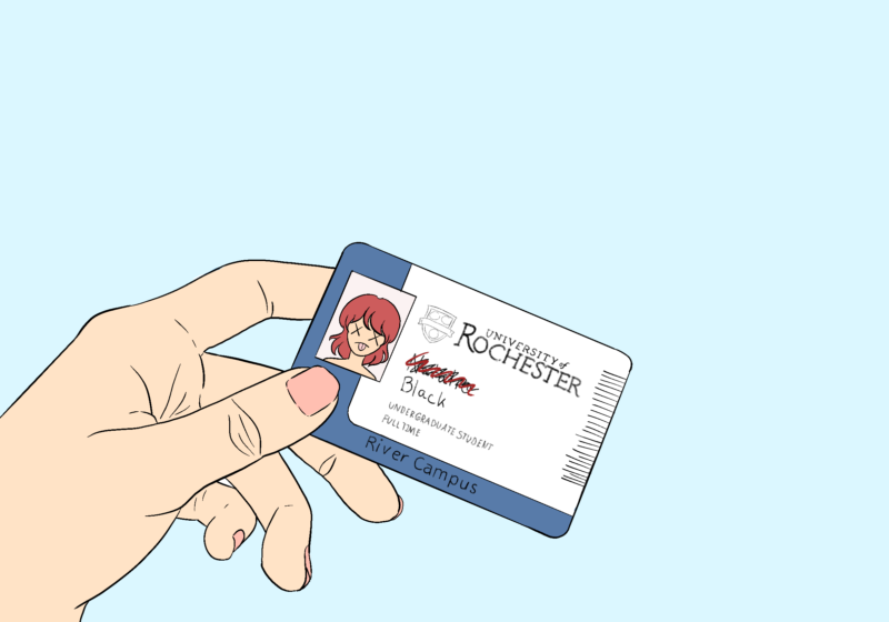Hand holding up a University of Rochester ID card with the name crossed out.