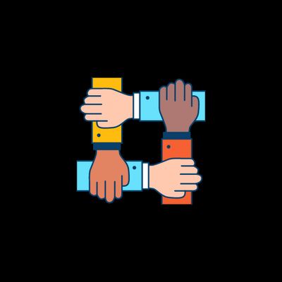 Four people's arms of different races holding each other in a grid.